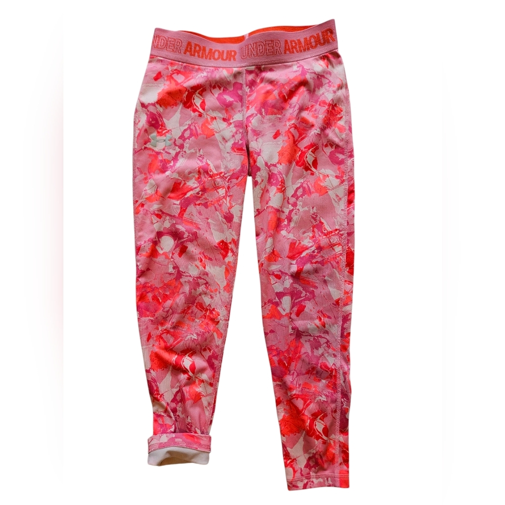 Under Armour heatgear leggings Girls size XL Pink print ankle cropped athletic